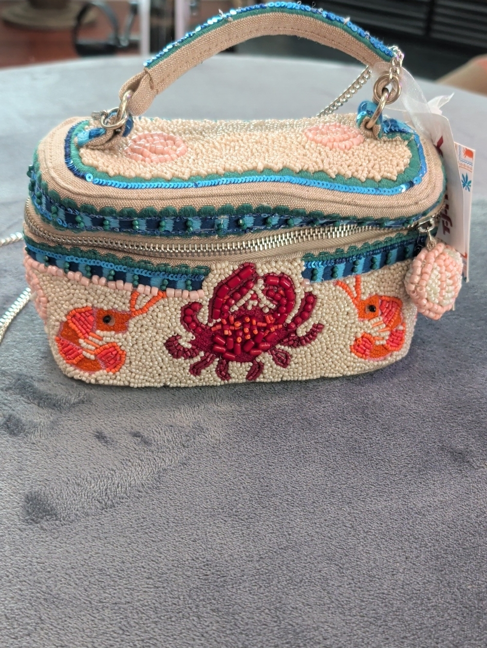 Beaded Crab & Shrimp Embellished Cream Vanity Bag